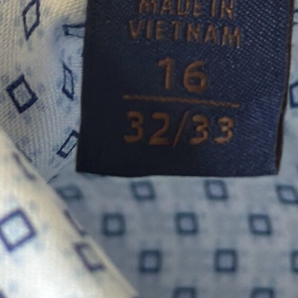 David Donahue White & Blue Geometric Print Dress Shirt Trim Fit 16 32/33 - Picture 8 of 9